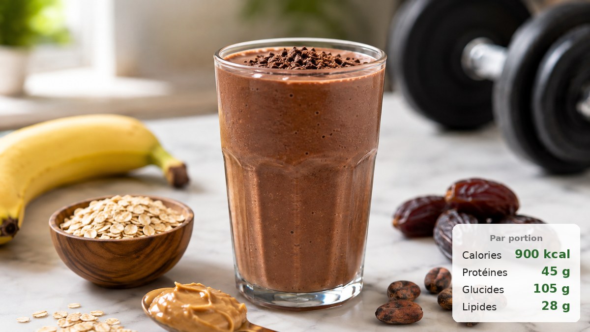 Grand verre de smoothie prise de masse chocolat banane avec avoine, beurre de cacahuète et lait entier posé sur un plan de travail