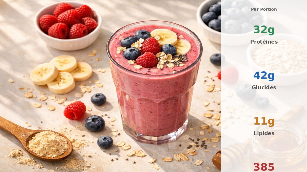 Smoothie protéiné dans un verre avec des fruits frais et de la whey posé sur un plan de travail de cuisine