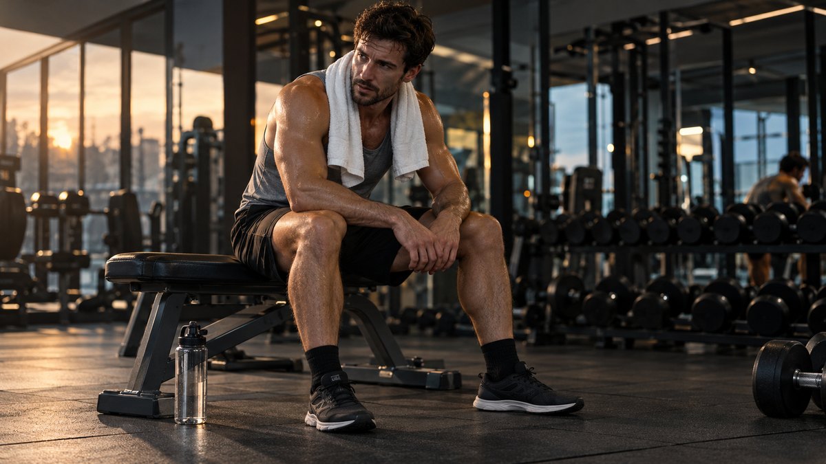 Athlete epuise assis sur un banc de musculation, visage marque par la fatigue, ambiance sombre et dramatique dans une salle de sport