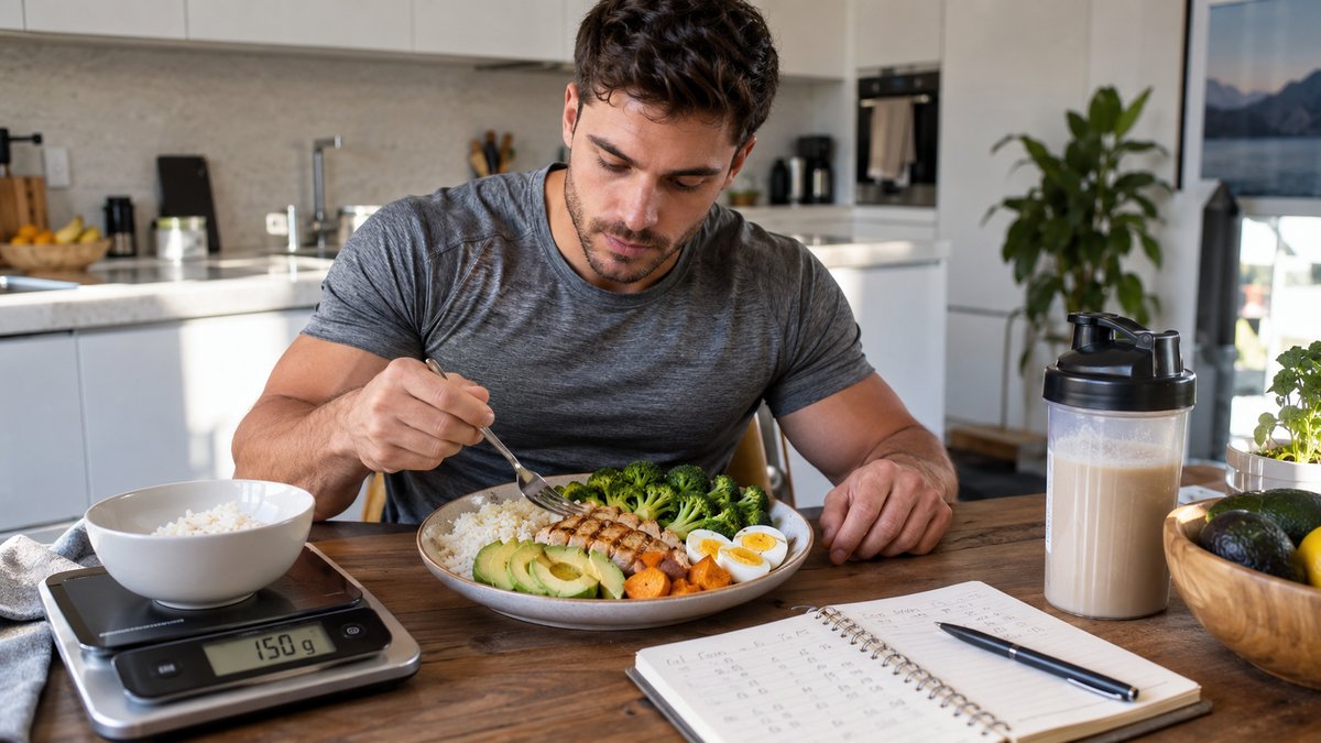 Sportif attablé devant un repas prise de masse copieux avec balance de cuisine et carnet de macros