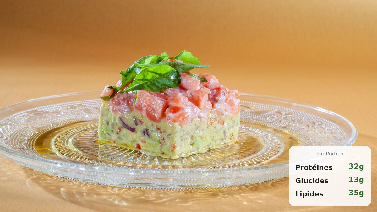 Tartare de saumon protéiné aux herbes fraîches, citron vert et avocat, dressé sur ardoise avec aneth et cornichons
