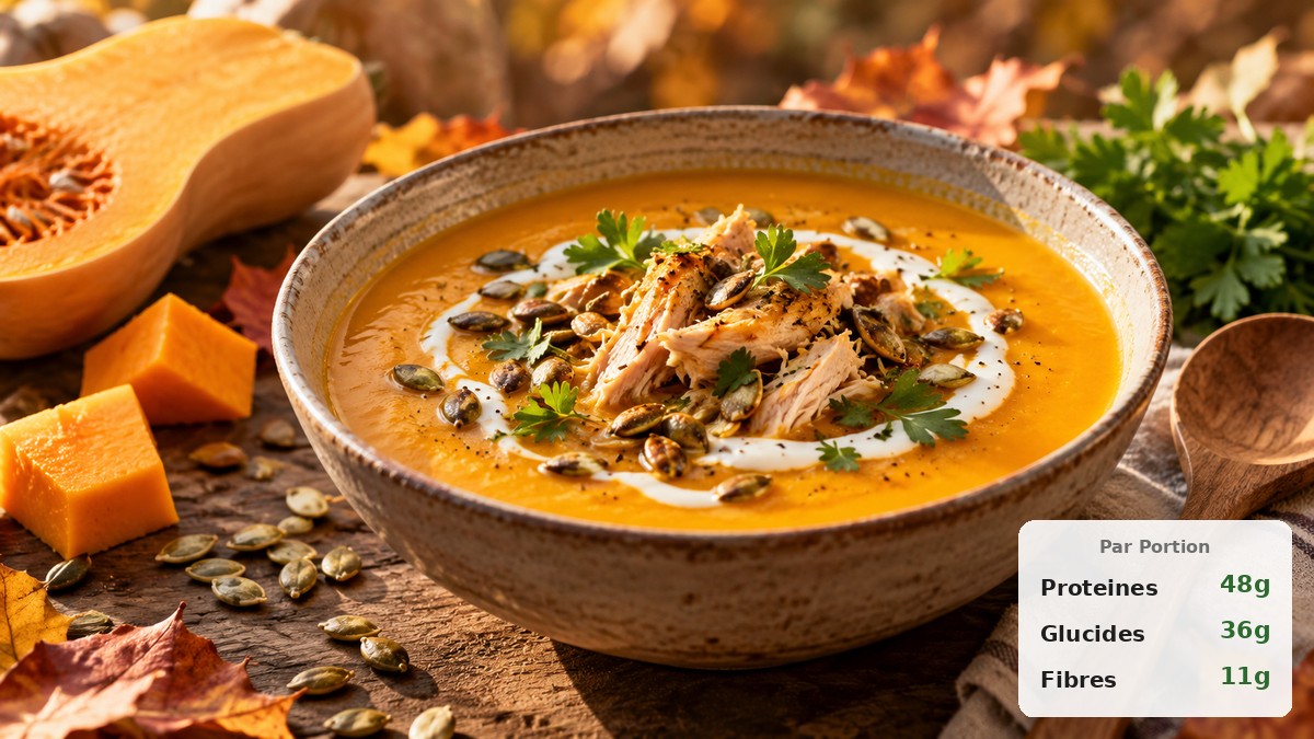Velouté butternut protéiné servi dans un bol en céramique avec graines de courge et poulet effiloché