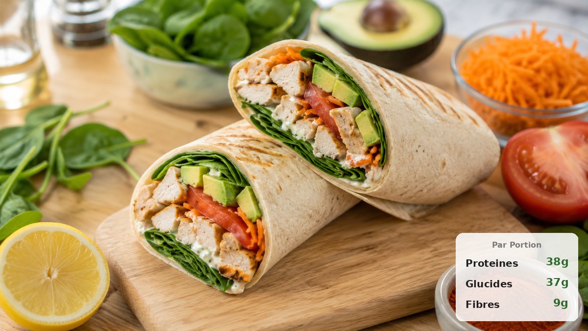 Wrap protéiné poulet avocat crudités et fromage blanc coupé en deux sur planche en bois
